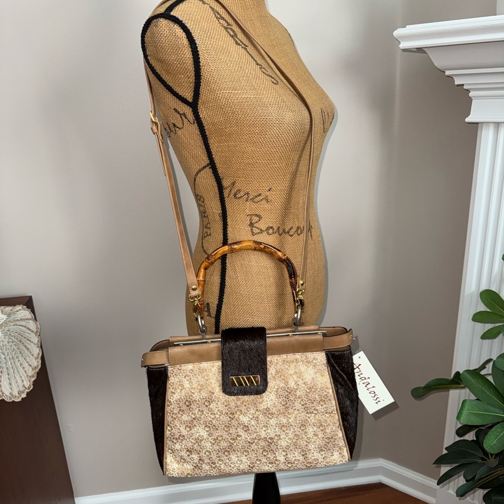 Andalossi NWT Golden Meadow Cappuccino leather calf hair bamboo crossbody bag - Picture 3 of 16